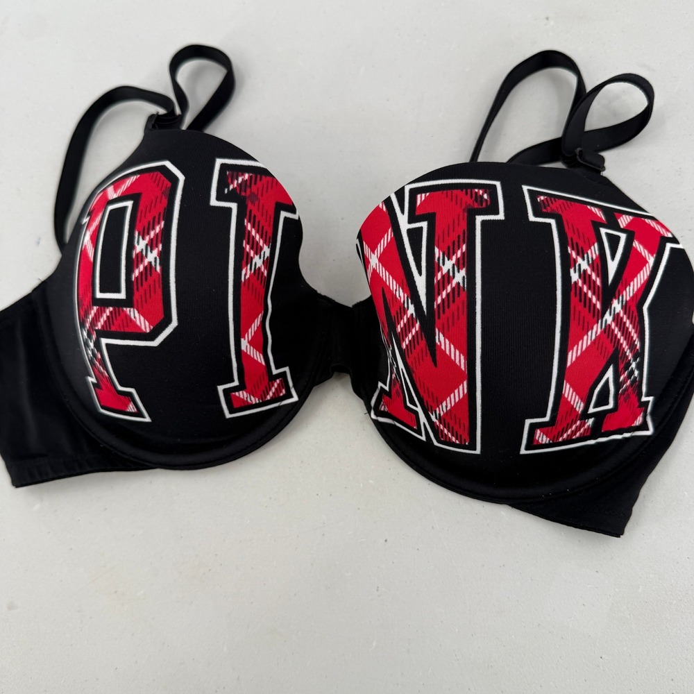PINK Victoria's Secret T-Shirt Bra Womens 36C Black Red Plaid Underwire Spellout